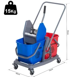 Chariot de lavage chariot de nettoyage professionnel presse à mâchoire 2 seaux 25 L 73L x 45l x 92H cm plastique gris bleu rouge