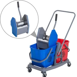 Chariot de lavage chariot de nettoyage professionnel presse à mâchoire 2 seaux 25 L 73L x 45l x 92H cm plastique gris bleu rouge