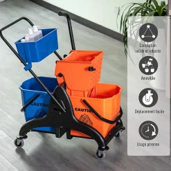Chariot de lavage chariot de nettoyage professionnel presse à mâchoire 2 seaux + rangement orange bleu