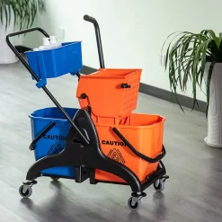 Chariot de lavage chariot de nettoyage professionnel presse à mâchoire 2 seaux + rangement orange bleu