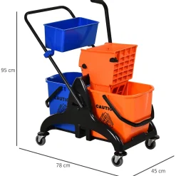 Chariot de lavage chariot de nettoyage professionnel presse à mâchoire 2 seaux + rangement orange bleu