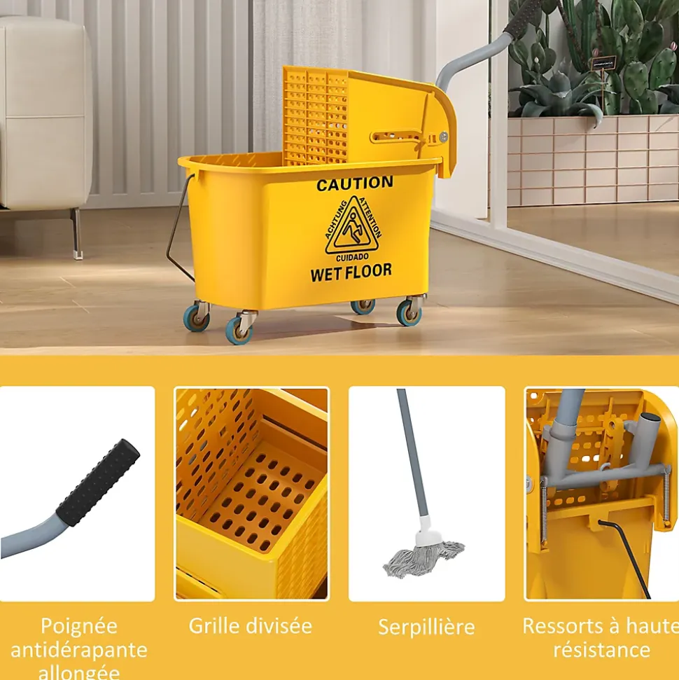 Chariot de ménage chariot de lavage nettoyage professionnel essoreuse latérale seau 20L poignée et serpillère jaune
