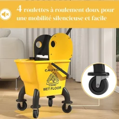 Chariot de ménage chariot de lavage chariot de nettoyage avec essoreuse à pression seau 26L et serpillère jaune