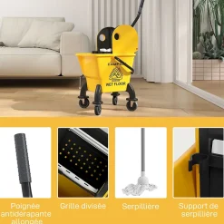 Chariot de ménage chariot de lavage chariot de nettoyage avec essoreuse à pression seau 26L et serpillère jaune