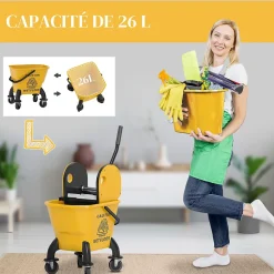 Chariot de ménage chariot de lavage chariot de nettoyage avec essoreuse à pression seau 26L et serpillère jaune