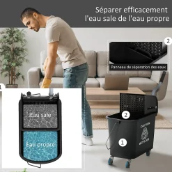 Chariot de nettoyage lavage seau de ménage 20 L avec essoreur et séparateur eau sale propre noir