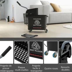 Chariot de nettoyage lavage seau de ménage 20 L avec essoreur et séparateur eau sale propre noir