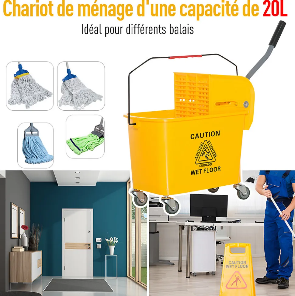 Chariot de nettoyage lavage seau de ménage 20 L avec essoreur et séparateur eau sale propre jaune