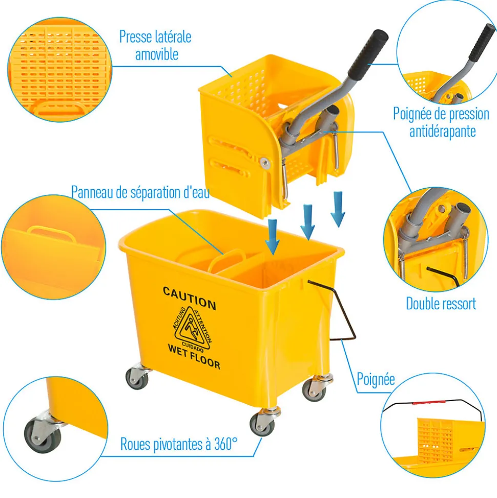 Chariot de nettoyage lavage seau de ménage 20 L avec essoreur et séparateur eau sale propre jaune