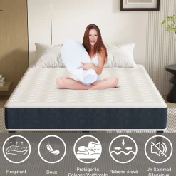 Combinaison lit matelas 120x190 cm, Matelas a mousse+ Cadre de Lit en Fer, Comprenant 9 pieds, Epaisseur du matelas 15 cm