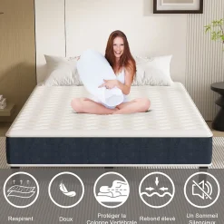 Combinaison lit matelas 140x200 cm, Matelas a mousse+ Cadre de Lit en Fer, Comprenant 9 pieds, Epaisseur du matelas 15 cm