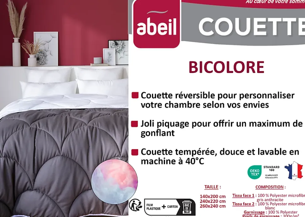 Couette tempérée 140 x 200 cm bicolore polyester gris et blanc
