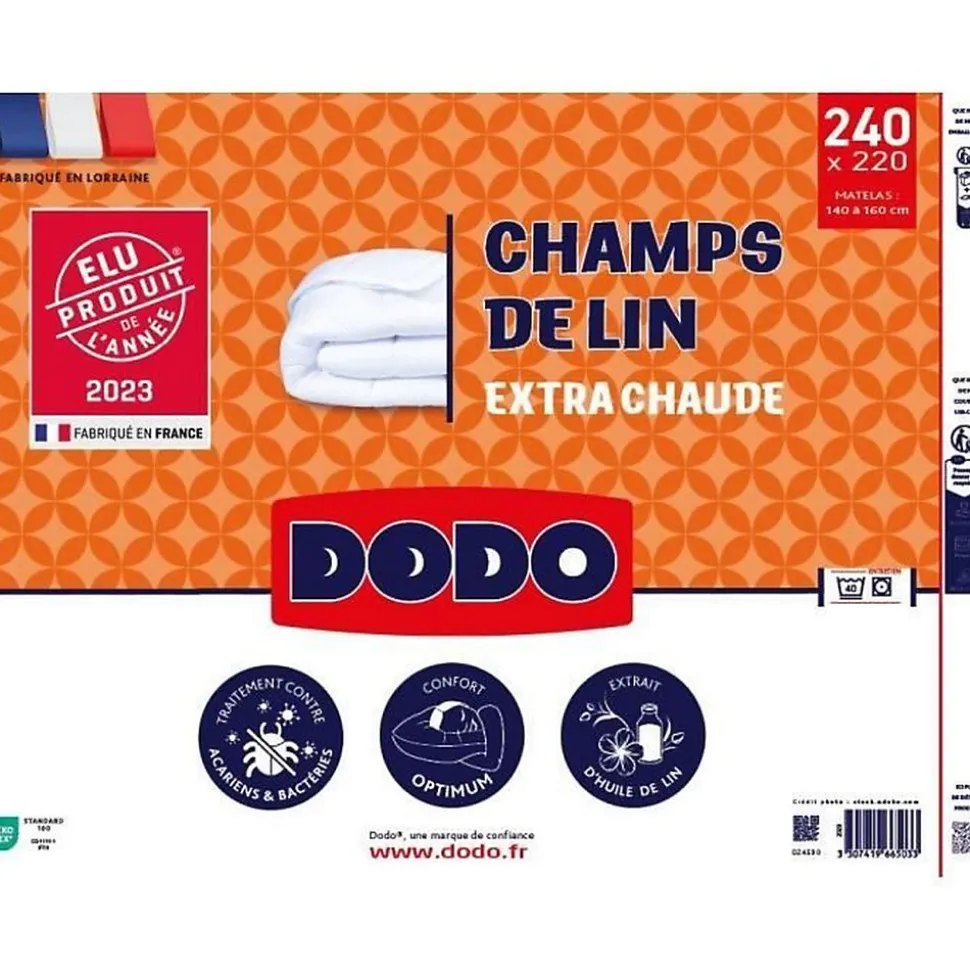 Couette 220x240 cm DODO CHAMPS DE LIN - Chaude - 450G/m² - Couette 2 personnes -Douce et Chaude -Anti-acariens Antibactériens
