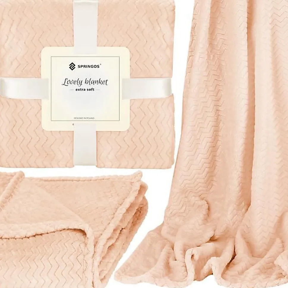 Couverture - SPRINGOS - Plaid doux 200x220 cm - Polyester 100% - Zigzag - Vieux rose