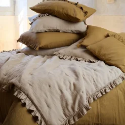 Couverture courtepointe en mousseline de coton 150x150 cm + 5 cm ELZA marron foin