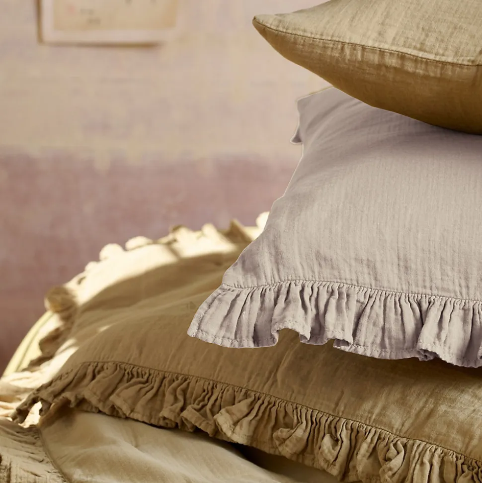 Couverture courtepointe en mousseline de coton 150x150 cm + 5 cm ELZA beige ficelle