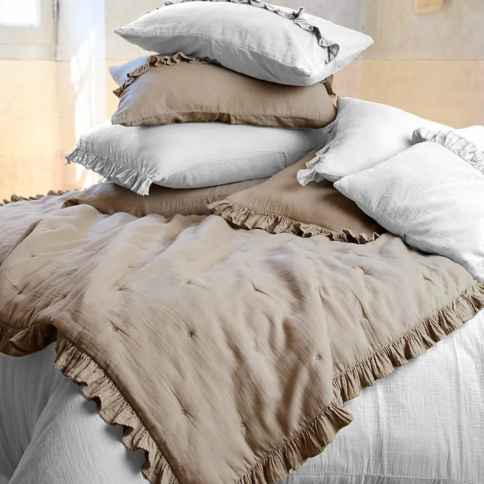 Couverture courtepointe en mousseline de coton 150x150 cm + 5 cm ELZA blanc neige