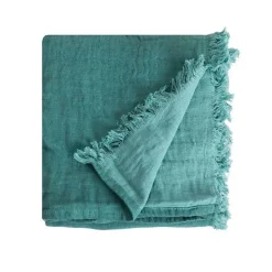 Couverture plaid 100% coton bleu turquoise avec franges 130x170cm BITALD - SACASA