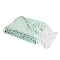 Couverture plaid 100% coton bleu turquoise avec franges 180x220cm ZIGORA - SACASA