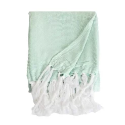 Couverture plaid 100% coton bleu turquoise avec franges 180x220cm ZIGORA - SACASA