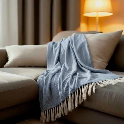 Couverture plaid 100% coton bleu marine avec franges 180x220cm ZIGORA - SACASA