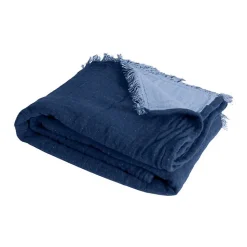 Couverture plaid 100% coton bleu marine avec franges 130x170cm BITALD - SACASA