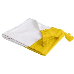 Couverture plaid 100% coton jaune avec pompons 130x170cm SLAVANN - SACASA