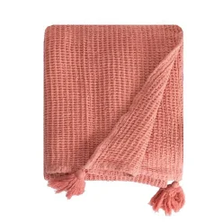 Couverture plaid 100% coton rose saumon avec pompons 130x170cm ARNISKA - SACASA