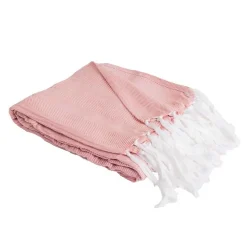 Couverture plaid 100% coton rose saumon avec franges 180x220cm ZIGORA - SACASA