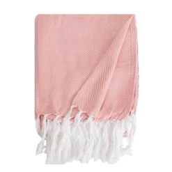 Couverture plaid 100% coton rose saumon avec franges 180x220cm ZIGORA - SACASA