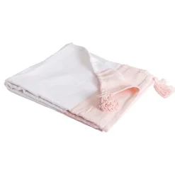 Couverture plaid 100% coton rose pâle avec pompons 130x170cm SLAVANN - SACASA
