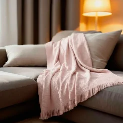 Couverture plaid 100% coton rose pâle avec franges 130x170cm BITALD - SACASA