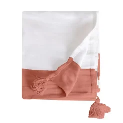 Couverture plaid 100% coton rose saumon avec pompons 130x170cm SLAVANN - SACASA