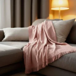 Couverture plaid 100% coton rose saumon avec franges 180x220cm BITALD - SACASA