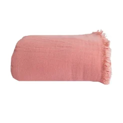 Couverture plaid 100% coton rose saumon avec franges 180x220cm BITALD - SACASA