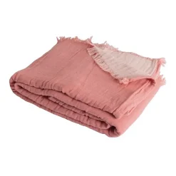 Couverture plaid 100% coton rose saumon avec franges 180x220cm BITALD - SACASA