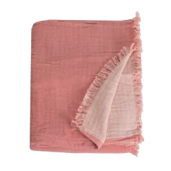 Couverture plaid 100% coton rose saumon avec franges 180x220cm BITALD - SACASA