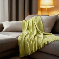 Couverture plaid 100% coton vert citron avec franges 130x170cm BITALD - SACASA