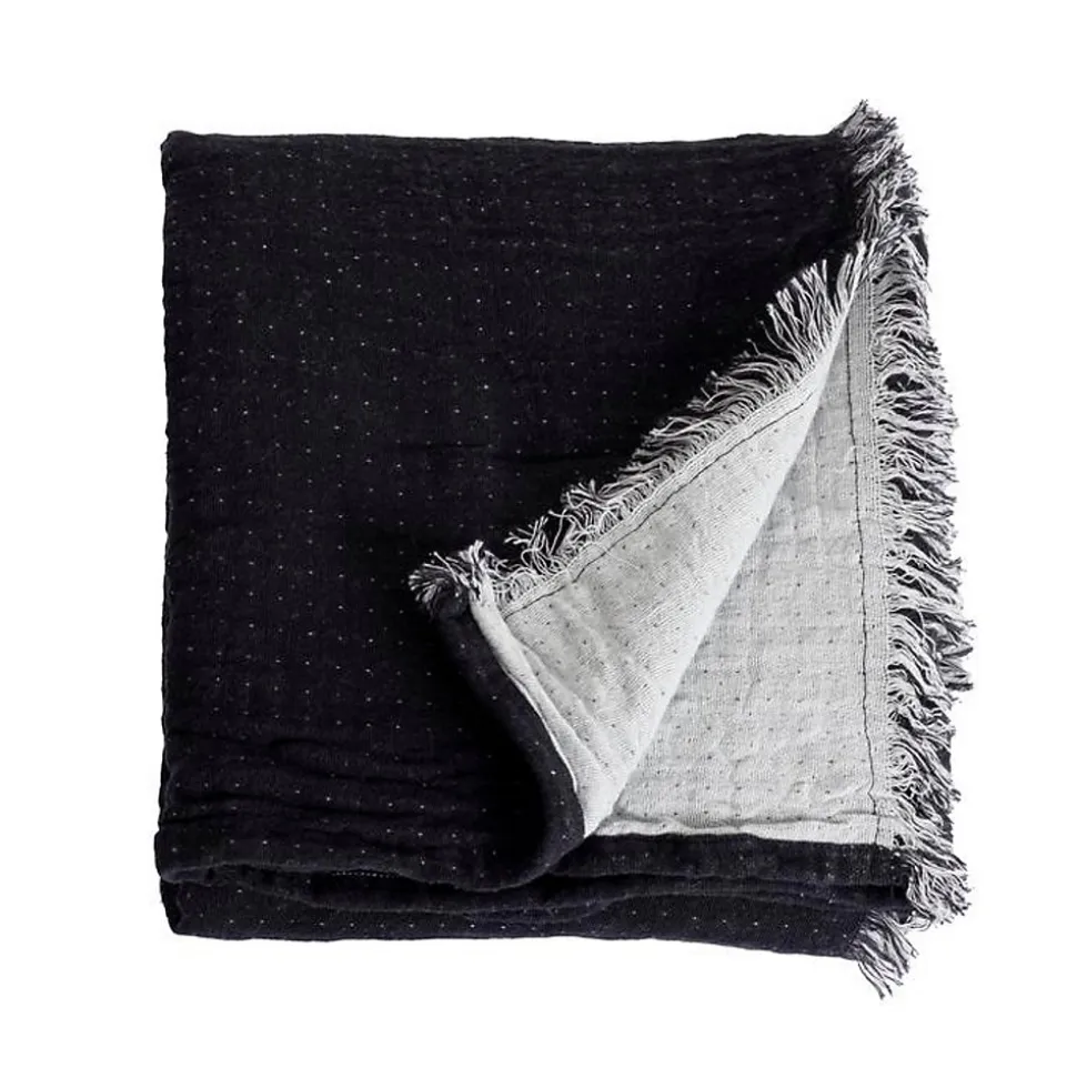 Couverture plaid BITALD en coton 100 % - Noir avec franges - 130x170 cm - SACASA