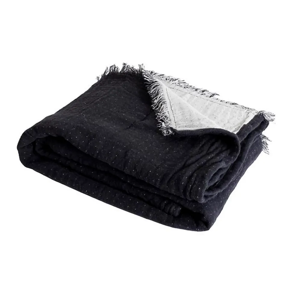 Couverture plaid BITALD en coton 100 % - Noir avec franges - 130x170 cm - SACASA