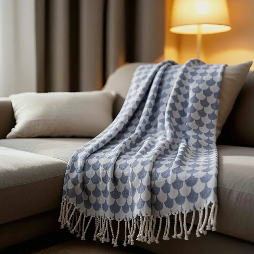 Couverture plaid DROPALL 100% coton bleu marine et blanc 130x170 cm - SACASA