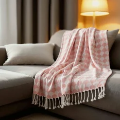 Couverture plaid DROPALL en coton 100% - Rose saumon et blanc avec franges - SACASA