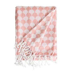 Couverture plaid DROPALL en coton 100% - Rose saumon et blanc avec franges - SACASA