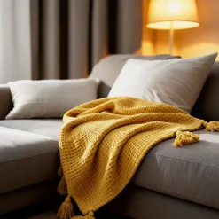 Couverture plaid jaune en coton 100% avec franges - 130x170 cm - SACASA