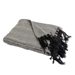 Couverture plaid ZIGORA en coton 100 % - Noir avec franges 180x220 cm - SACASA