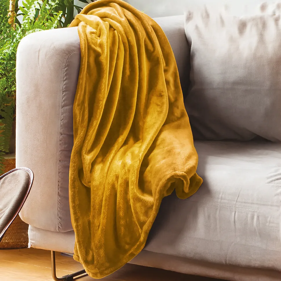 Couverture polaire microvelours 180x220 cm VELVET Jaune Miel