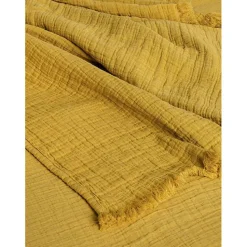 Couvre lit à franges "Brehat" Gaze de Coton stonewashed Toison d'or - Brehat Miel - 230 x 250 cm