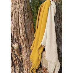 Couvre lit à franges "Brehat" Gaze de Coton stonewashed Toison d'or - Brehat Miel - 180 x 250 cm