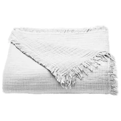 Couvre lit à franges "Brehat" Gaze de Coton stonewashed Toison d'or - Brehat Blanc - 180 x 250 cm