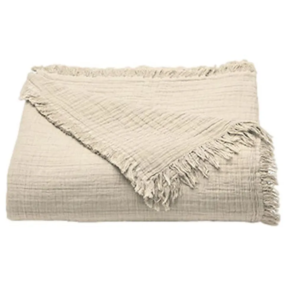 Couvre lit à franges "Brehat" Gaze de Coton stonewashed Toison d'or - Brehat Galet - 270 x 250 cm